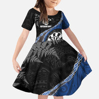 Personalised New Zealand Darts Family Matching Tank Maxi Dress and Hawaiian Shirt Koru Tribal Tattoo and Silver Fern Maori Pattern Blue Color LT03 Daughter's Dress Blue - Polynesian Pride