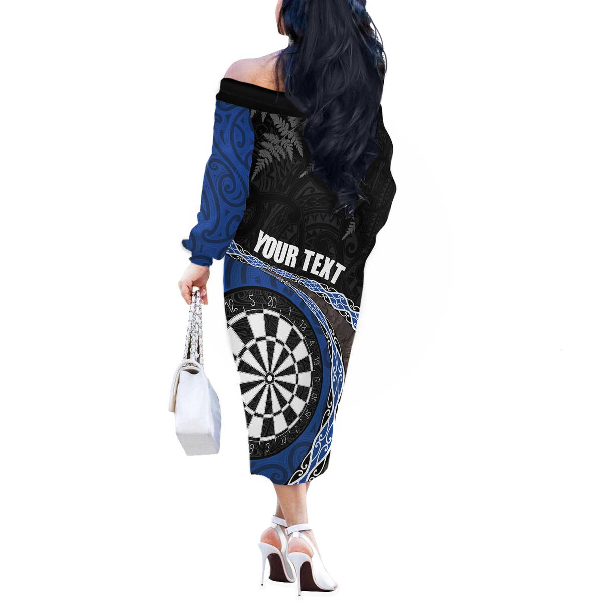 Personalised New Zealand Darts Off The Shoulder Long Sleeve Dress Koru Tribal Tattoo and Silver Fern Maori Pattern Blue Color