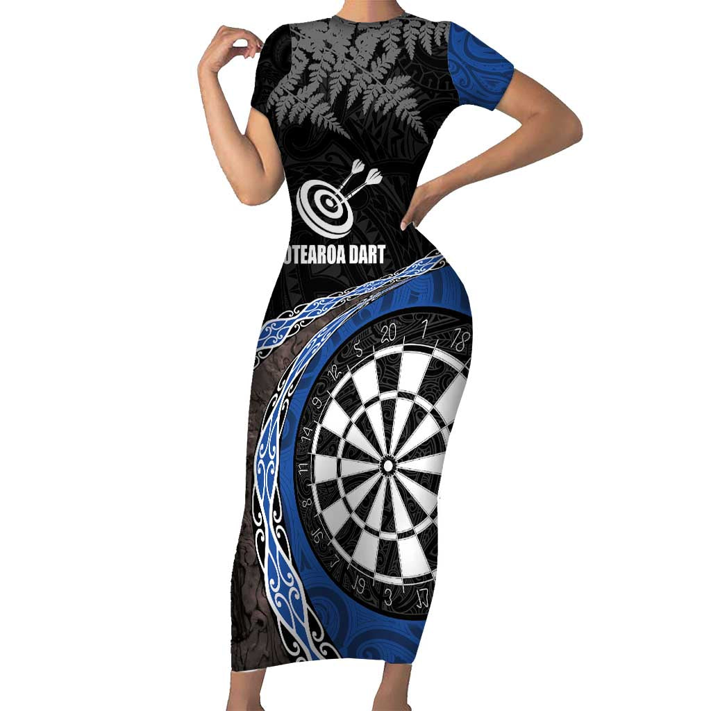 Personalised New Zealand Darts Short Sleeve Bodycon Dress Koru Tribal Tattoo and Silver Fern Maori Pattern Blue Color LT03 Long Dress Blue - Polynesian Pride