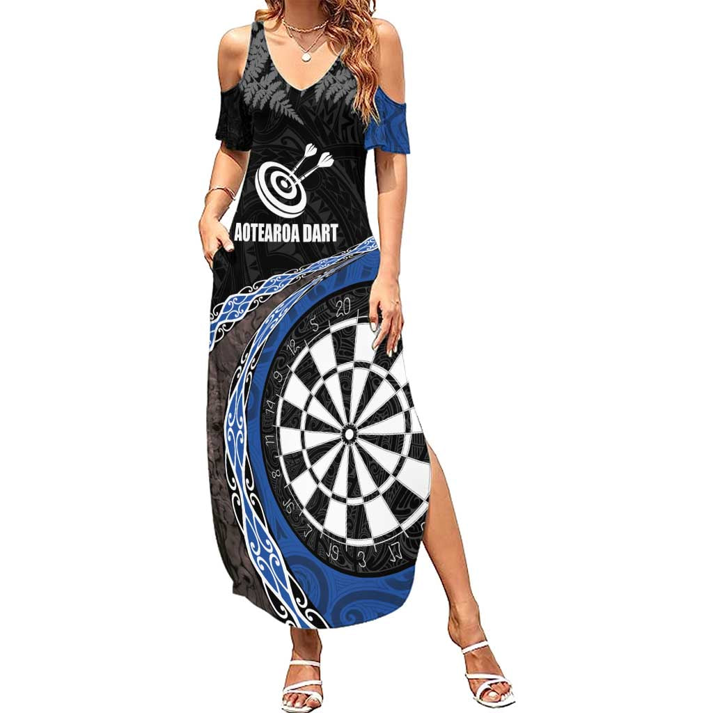 Personalised New Zealand Darts Summer Maxi Dress Koru Tribal Tattoo and Silver Fern Maori Pattern Blue Color LT03 Women Blue - Polynesian Pride