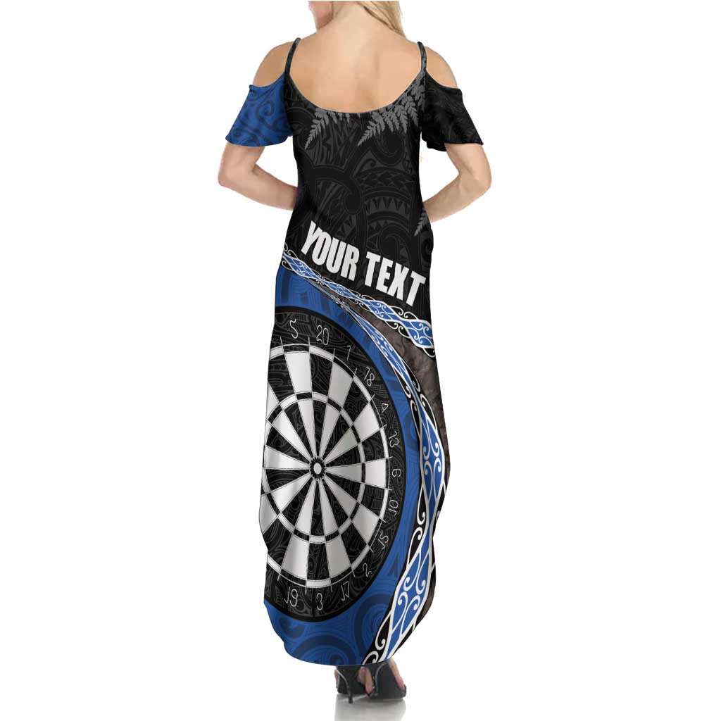 Personalised New Zealand Darts Summer Maxi Dress Koru Tribal Tattoo and Silver Fern Maori Pattern Blue Color LT03 - Polynesian Pride