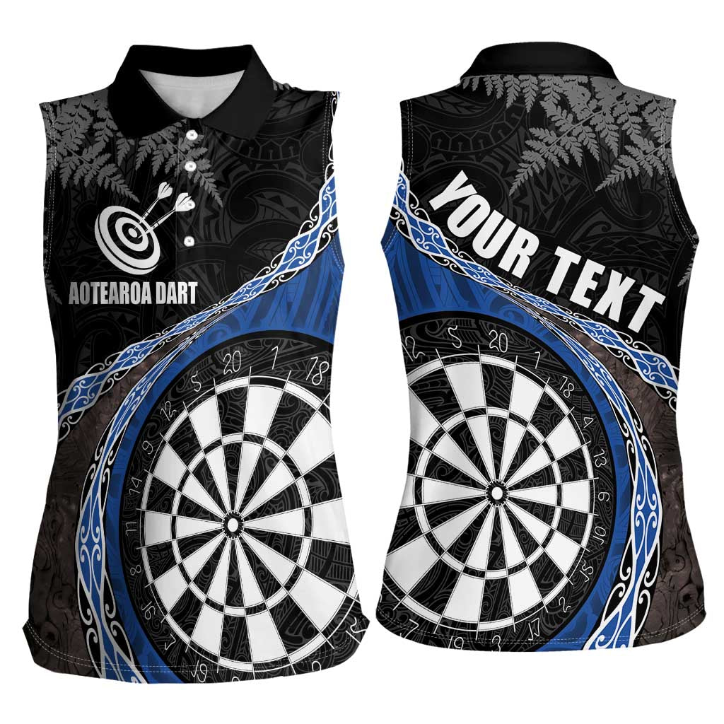 Personalised New Zealand Darts Women Sleeveless Polo Shirt Koru Tribal Tattoo and Silver Fern Maori Pattern Blue Color