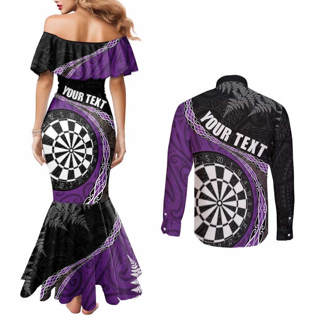 Personalised New Zealand Darts Couples Matching Mermaid Dress and Long Sleeve Button Shirt Koru Tribal Tattoo and Silver Fern Maori Pattern Purple Color
