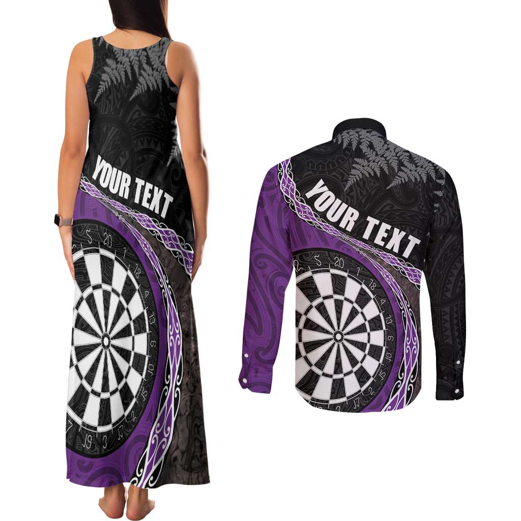 Personalised New Zealand Darts Couples Matching Tank Maxi Dress and Long Sleeve Button Shirt Koru Tribal Tattoo and Silver Fern Maori Pattern Purple Color
