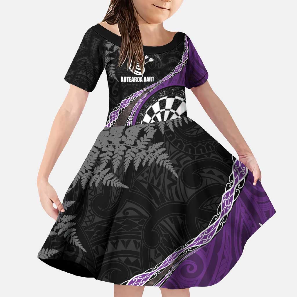 Personalised New Zealand Darts Family Matching Mermaid Dress and Hawaiian Shirt Koru Tribal Tattoo and Silver Fern Maori Pattern Purple Color LT03 Daughter's Dress Purple - Polynesian Pride