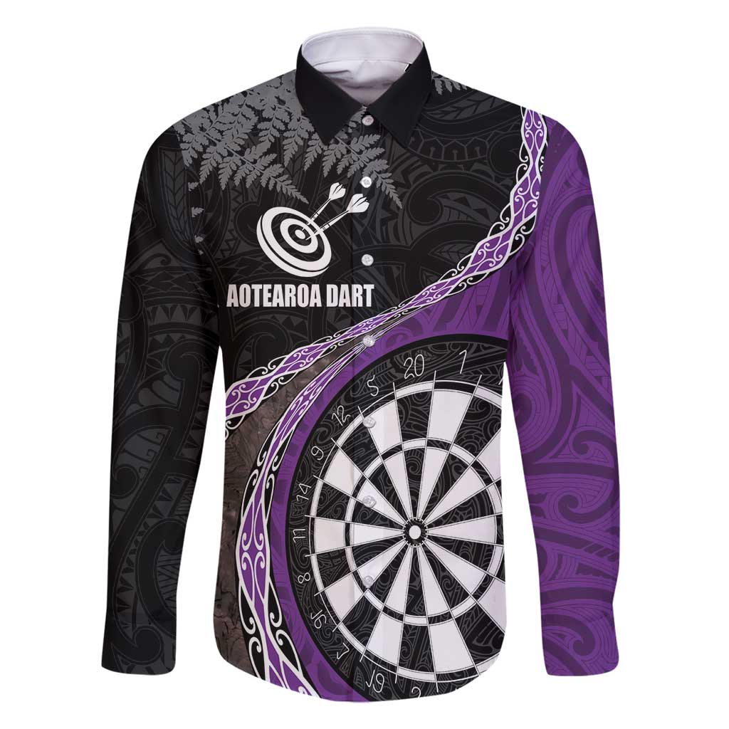 Personalised New Zealand Darts Family Matching Mermaid Dress and Hawaiian Shirt Koru Tribal Tattoo and Silver Fern Maori Pattern Purple Color LT03 Dad's Shirt - Long Sleeve Purple - Polynesian Pride