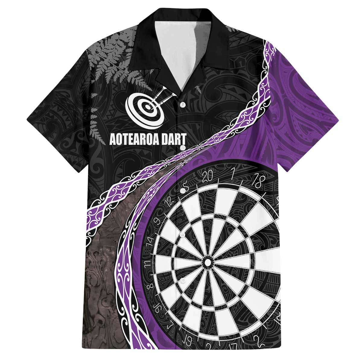 Personalised New Zealand Darts Family Matching Off Shoulder Short Dress and Hawaiian Shirt Koru Tribal Tattoo and Silver Fern Maori Pattern Purple Color LT03 Dad's Shirt - Short Sleeve Purple - Polynesian Pride