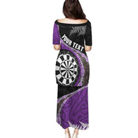 Personalised New Zealand Darts Family Matching Puletasi and Hawaiian Shirt Koru Tribal Tattoo and Silver Fern Maori Pattern Purple Color