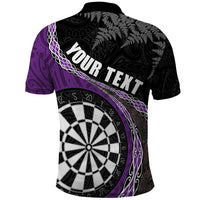 Personalised New Zealand Darts Polo Shirt Koru Tribal Tattoo and Silver Fern Maori Pattern Purple Color
