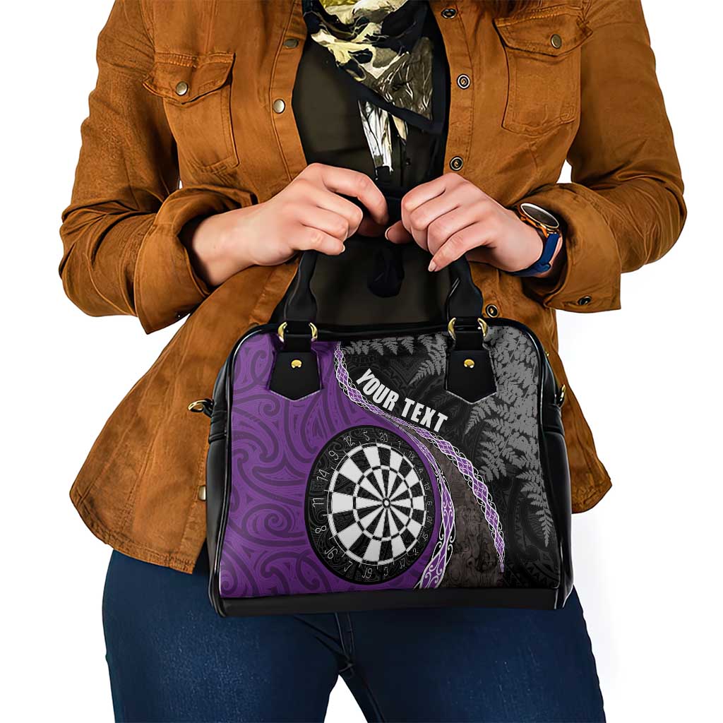 Personalised New Zealand Darts Shoulder Handbag Koru Tribal Tattoo and Silver Fern Maori Pattern Purple Color