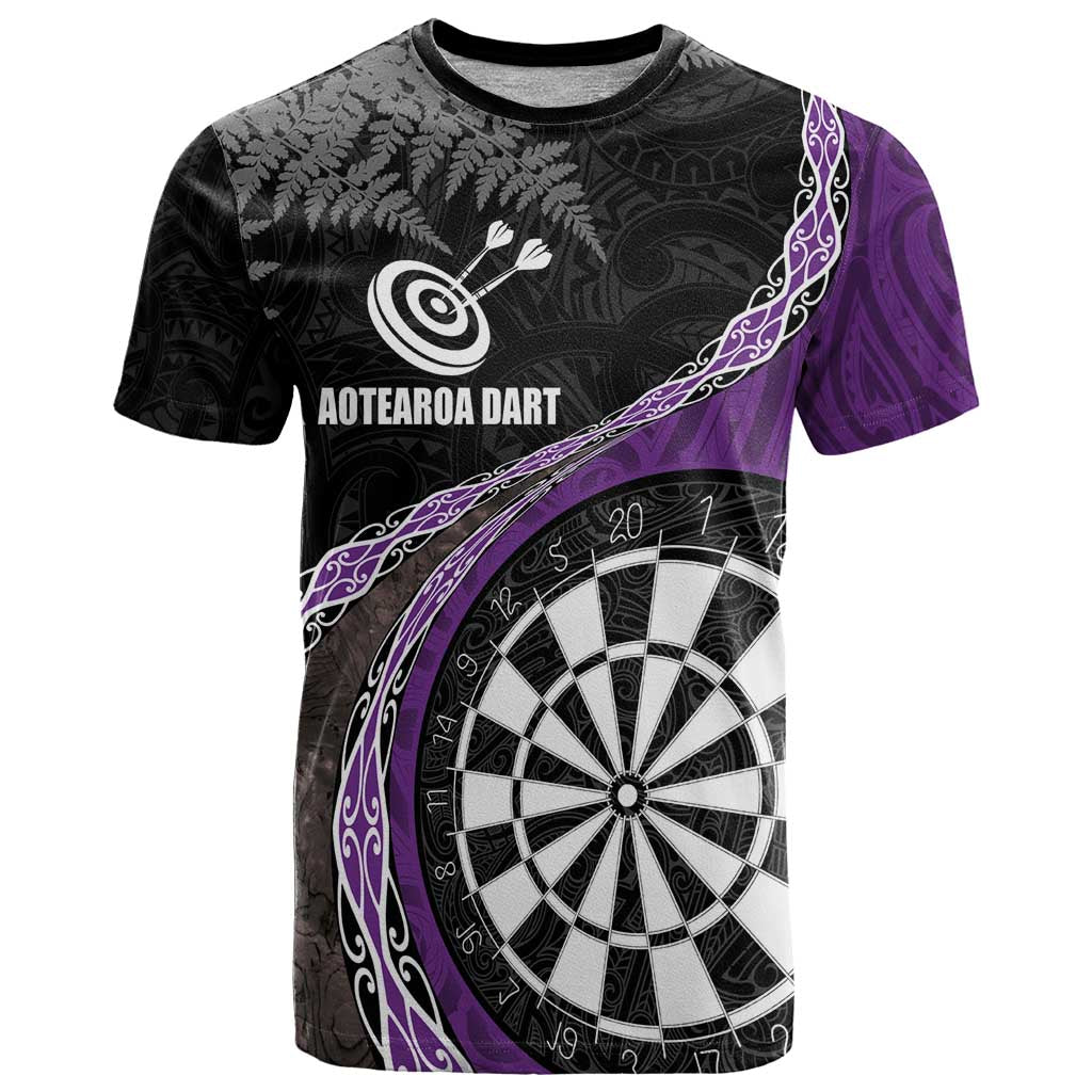 Personalised New Zealand Darts T Shirt Koru Tribal Tattoo and Silver Fern Maori Pattern Purple Color LT03 Purple - Polynesian Pride