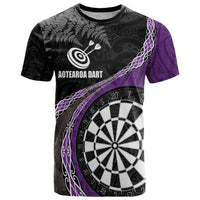 Personalised New Zealand Darts T Shirt Koru Tribal Tattoo and Silver Fern Maori Pattern Purple Color LT03 Purple - Polynesian Pride
