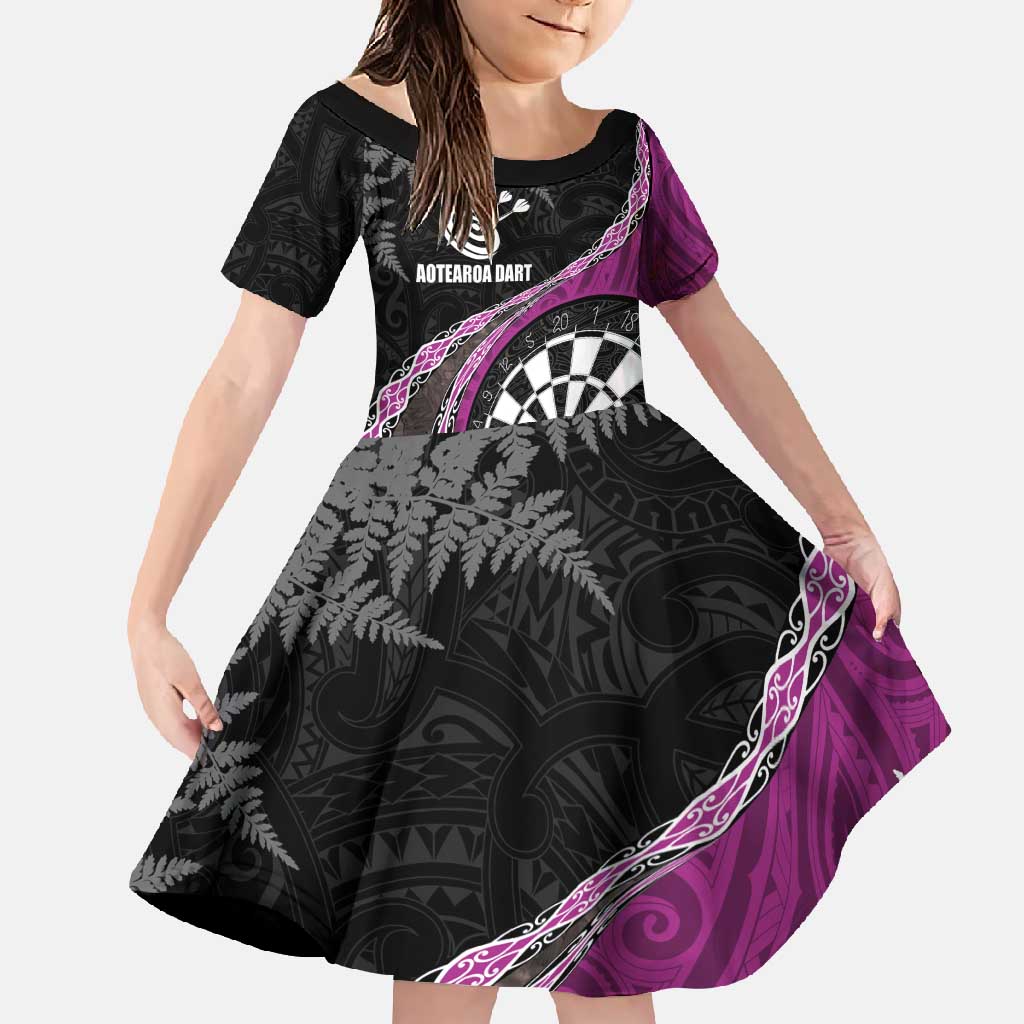 Personalised New Zealand Darts Family Matching Mermaid Dress and Hawaiian Shirt Koru Tribal Tattoo and Silver Fern Maori Pattern Pink Color LT03 Daughter's Dress Pink - Polynesian Pride