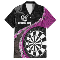Personalised New Zealand Darts Family Matching Off Shoulder Maxi Dress and Hawaiian Shirt Koru Tribal Tattoo and Silver Fern Maori Pattern Pink Color LT03 Dad's Shirt - Short Sleeve Pink - Polynesian Pride