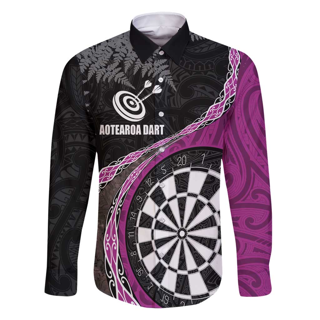 Personalised New Zealand Darts Family Matching Off Shoulder Maxi Dress and Hawaiian Shirt Koru Tribal Tattoo and Silver Fern Maori Pattern Pink Color LT03 Dad's Shirt - Long Sleeve Pink - Polynesian Pride