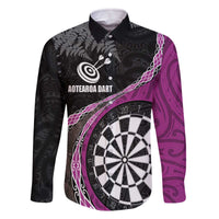 Personalised New Zealand Darts Family Matching Off Shoulder Short Dress and Hawaiian Shirt Koru Tribal Tattoo and Silver Fern Maori Pattern Pink Color LT03 Dad's Shirt - Long Sleeve Pink - Polynesian Pride