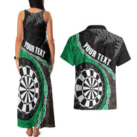 Personalised New Zealand Darts Couples Matching Tank Maxi Dress and Hawaiian Shirt Koru Tribal Tattoo and Silver Fern Maori Pattern Green Color