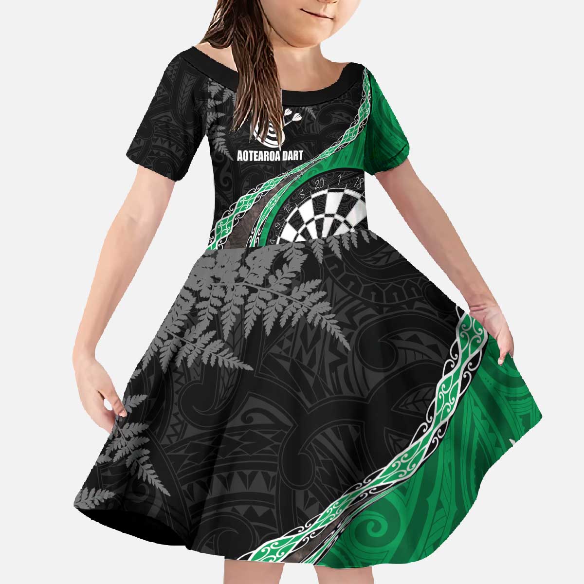 Personalised New Zealand Darts Family Matching Off The Shoulder Long Sleeve Dress and Hawaiian Shirt Koru Tribal Tattoo and Silver Fern Maori Pattern Green Color LT03 Daughter's Dress Green - Polynesian Pride