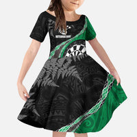 Personalised New Zealand Darts Family Matching Off The Shoulder Long Sleeve Dress and Hawaiian Shirt Koru Tribal Tattoo and Silver Fern Maori Pattern Green Color LT03 Daughter's Dress Green - Polynesian Pride