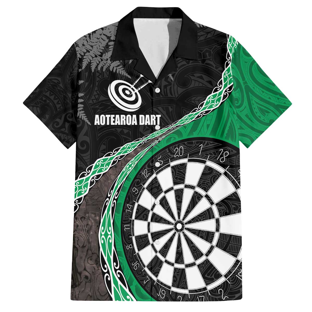 Personalised New Zealand Darts Family Matching Off The Shoulder Long Sleeve Dress and Hawaiian Shirt Koru Tribal Tattoo and Silver Fern Maori Pattern Green Color LT03 Dad's Shirt - Short Sleeve Green - Polynesian Pride