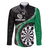 Personalised New Zealand Darts Family Matching Off The Shoulder Long Sleeve Dress and Hawaiian Shirt Koru Tribal Tattoo and Silver Fern Maori Pattern Green Color LT03 Dad's Shirt - Long Sleeve Green - Polynesian Pride