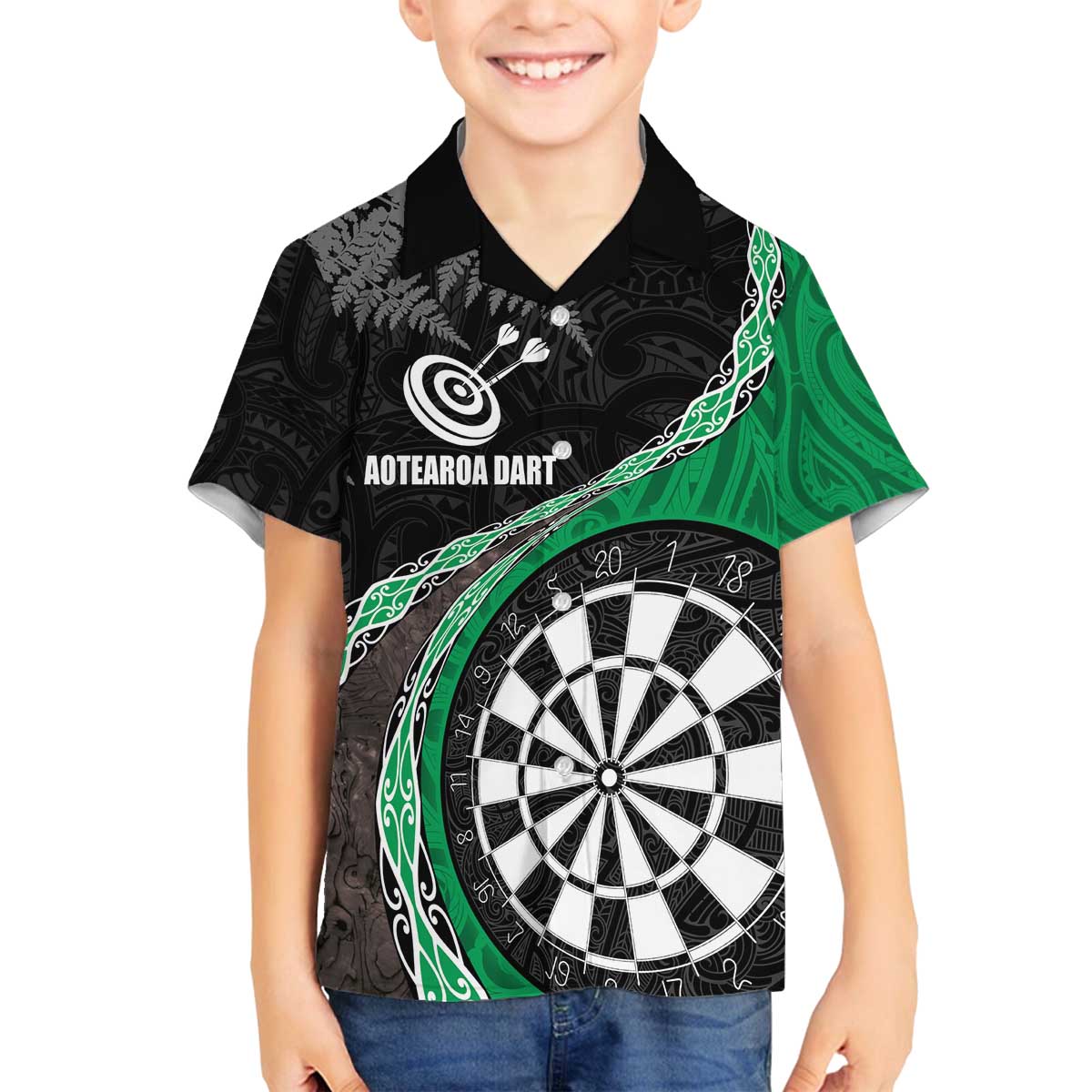 Personalised New Zealand Darts Family Matching Off The Shoulder Long Sleeve Dress and Hawaiian Shirt Koru Tribal Tattoo and Silver Fern Maori Pattern Green Color LT03 Son's Shirt Green - Polynesian Pride