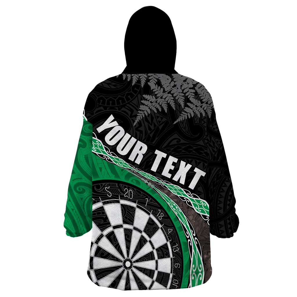 Personalised New Zealand Darts Wearable Blanket Hoodie Koru Tribal Tattoo and Silver Fern Maori Pattern Green Color
