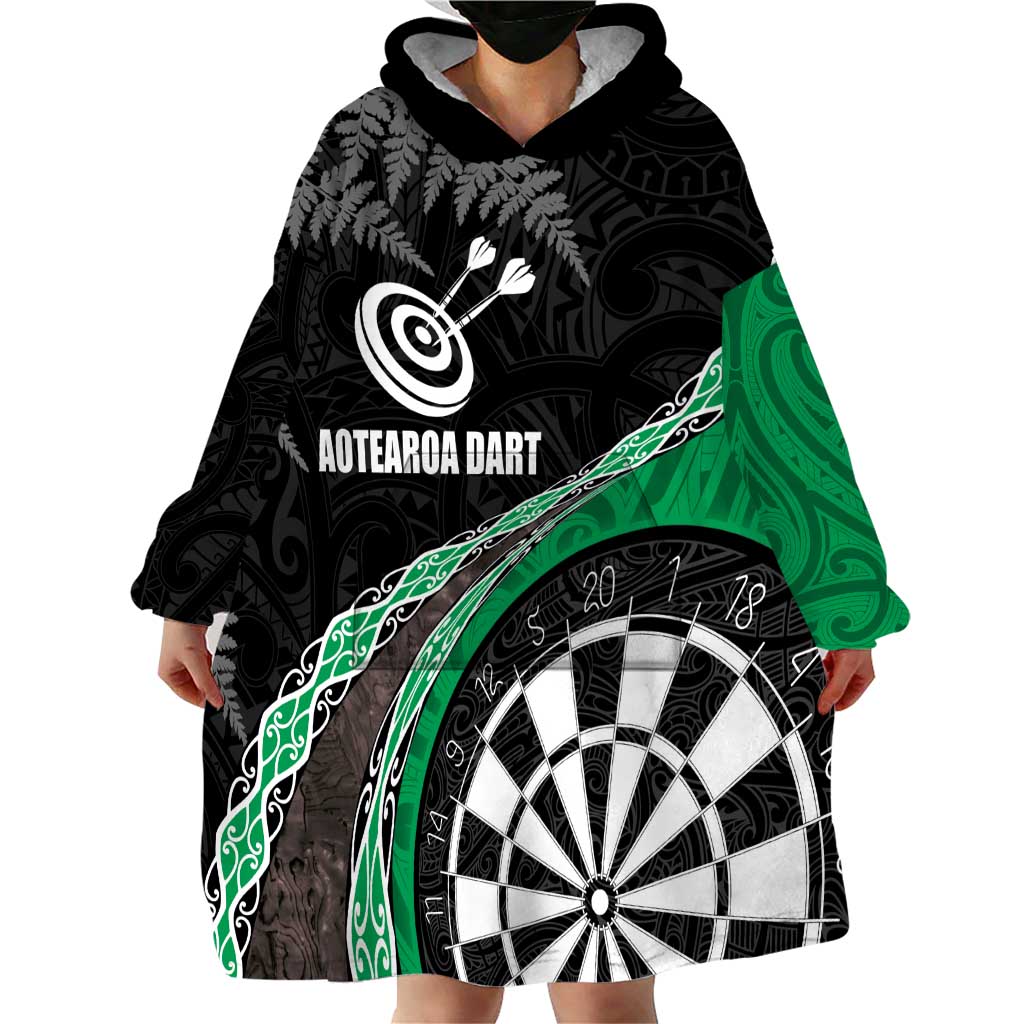 Personalised New Zealand Darts Wearable Blanket Hoodie Koru Tribal Tattoo and Silver Fern Maori Pattern Green Color