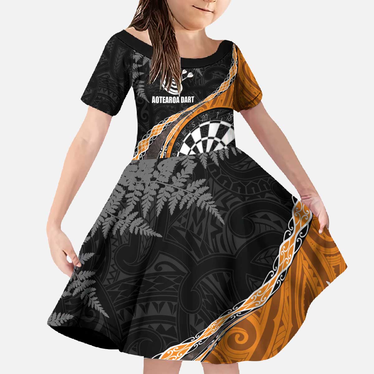 Personalised New Zealand Darts Family Matching Off The Shoulder Long Sleeve Dress and Hawaiian Shirt Koru Tribal Tattoo and Silver Fern Maori Pattern Orange Color