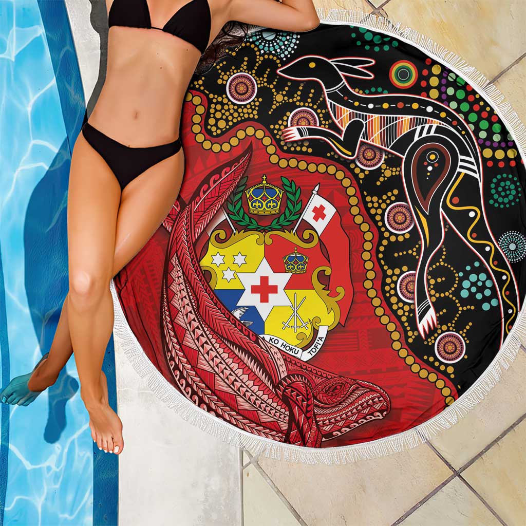 Tonga Ngatu and Australia Together Beach Blanket Polynesian Humpback Whale and Aboriginal Kangaroo