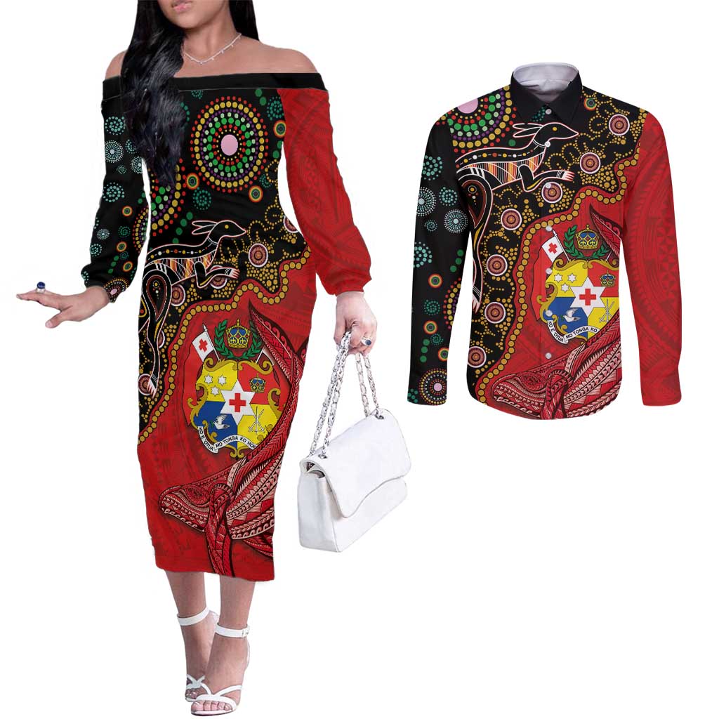 Tonga Ngatu and Australia Together Couples Matching Off The Shoulder Long Sleeve Dress and Long Sleeve Button Shirt Polynesian Humpback Whale and Aboriginal Kangaroo