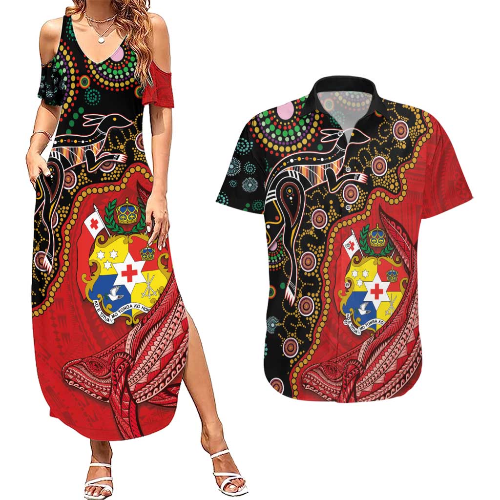 Tonga Ngatu and Australia Together Couples Matching Summer Maxi Dress and Hawaiian Shirt Polynesian Humpback Whale and Aboriginal Kangaroo