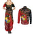 Tonga Ngatu and Australia Together Couples Matching Summer Maxi Dress and Long Sleeve Button Shirt Polynesian Humpback Whale and Aboriginal Kangaroo