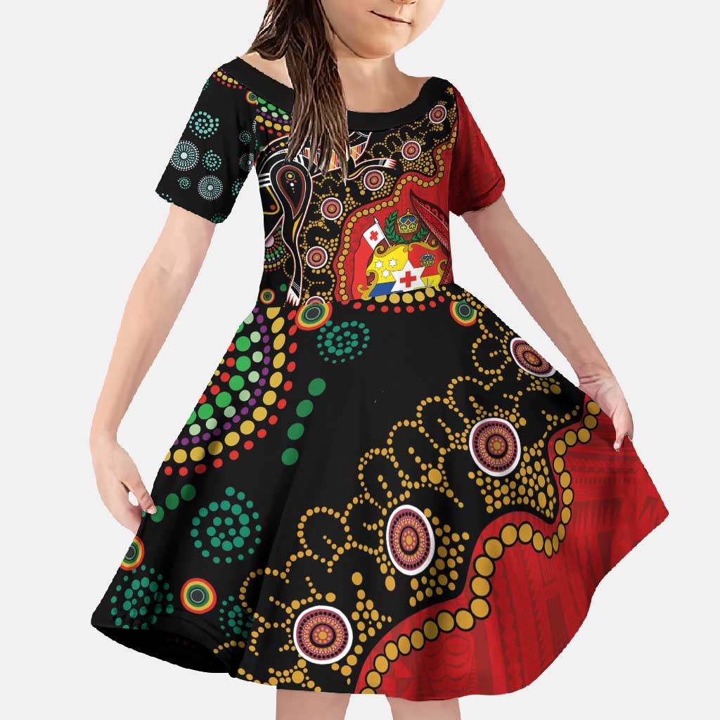 Tonga Ngatu and Australia Together Family Matching Long Sleeve Bodycon Dress and Hawaiian Shirt Polynesian Humpback Whale and Aboriginal Kangaroo LT03 Daughter's Dress Red - Polynesian Pride