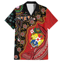 Tonga Ngatu and Australia Together Family Matching Off The Shoulder Long Sleeve Dress and Hawaiian Shirt Polynesian Humpback Whale and Aboriginal Kangaroo LT03 Dad's Shirt - Short Sleeve Red - Polynesian Pride