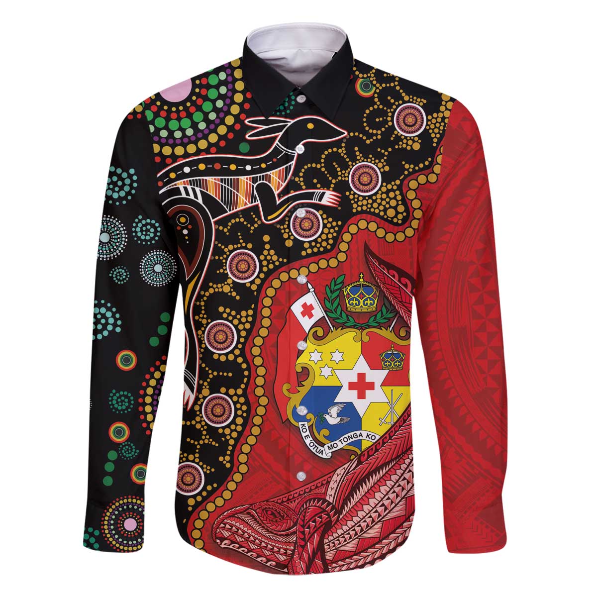 Tonga Ngatu and Australia Together Family Matching Off The Shoulder Long Sleeve Dress and Hawaiian Shirt Polynesian Humpback Whale and Aboriginal Kangaroo LT03 Dad's Shirt - Long Sleeve Red - Polynesian Pride