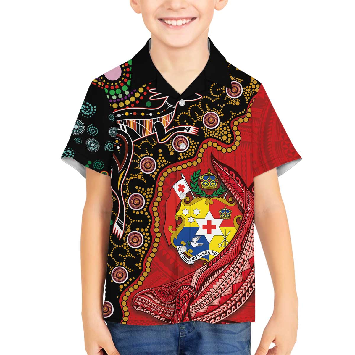 Tonga Ngatu and Australia Together Family Matching Off The Shoulder Long Sleeve Dress and Hawaiian Shirt Polynesian Humpback Whale and Aboriginal Kangaroo LT03 Son's Shirt Red - Polynesian Pride
