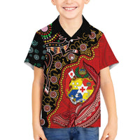 Tonga Ngatu and Australia Together Family Matching Off The Shoulder Long Sleeve Dress and Hawaiian Shirt Polynesian Humpback Whale and Aboriginal Kangaroo LT03 Son's Shirt Red - Polynesian Pride