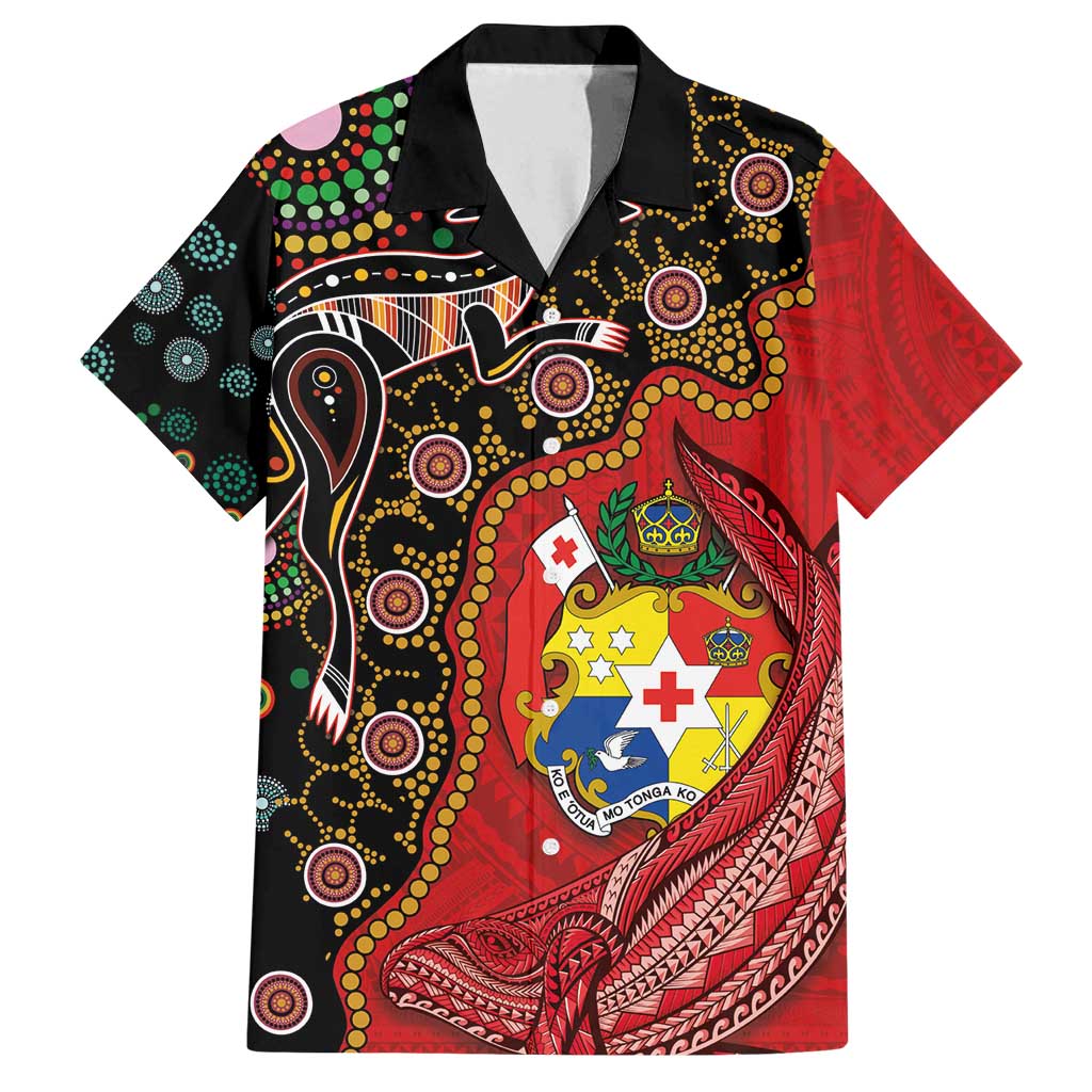 Tonga Ngatu and Australia Together Family Matching Tank Maxi Dress and Hawaiian Shirt Polynesian Humpback Whale and Aboriginal Kangaroo LT03 Dad's Shirt - Short Sleeve Red - Polynesian Pride