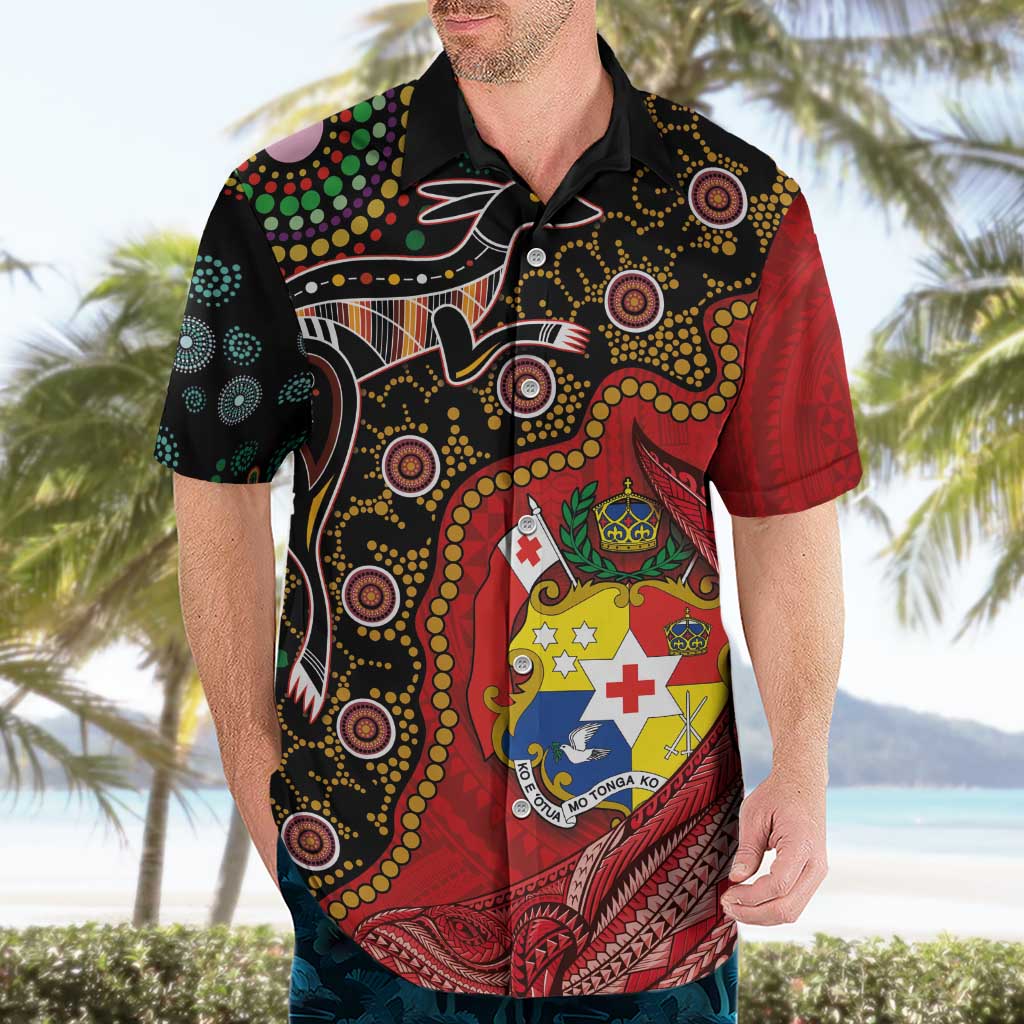 Tonga Ngatu and Australia Together Hawaiian Shirt Polynesian Humpback Whale and Aboriginal Kangaroo
