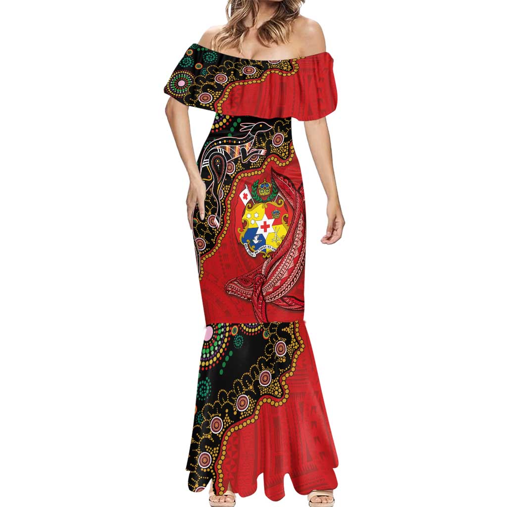Tonga Ngatu and Australia Together Mermaid Dress Polynesian Humpback Whale and Aboriginal Kangaroo Tonga Ngatu and Australia Together Mermaid Dress Polynesian Humpback Whale and Aboriginal Kangaroo