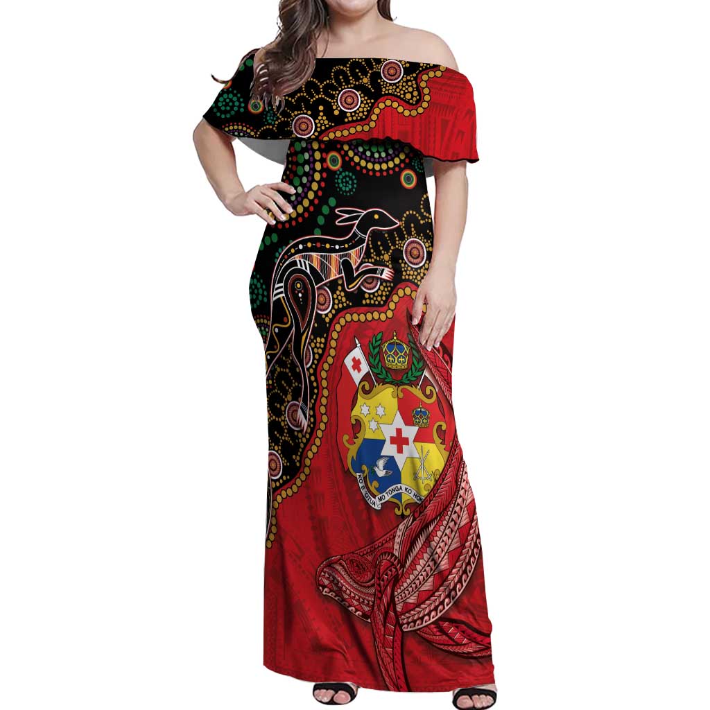 Tonga Ngatu and Australia Together Off Shoulder Maxi Dress Polynesian Humpback Whale and Aboriginal Kangaroo LT03 Women Red - Polynesian Pride