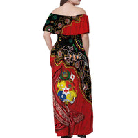 Tonga Ngatu and Australia Together Off Shoulder Maxi Dress Polynesian Humpback Whale and Aboriginal Kangaroo LT03 - Polynesian Pride