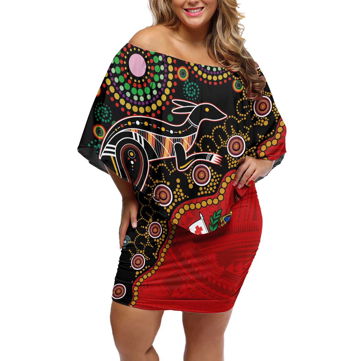 Tonga Ngatu and Australia Together Off Shoulder Short Dress Polynesian Humpback Whale and Aboriginal Kangaroo LT03 Women Red - Polynesian Pride