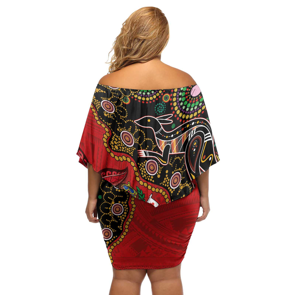 Tonga Ngatu and Australia Together Off Shoulder Short Dress Polynesian Humpback Whale and Aboriginal Kangaroo LT03 - Polynesian Pride