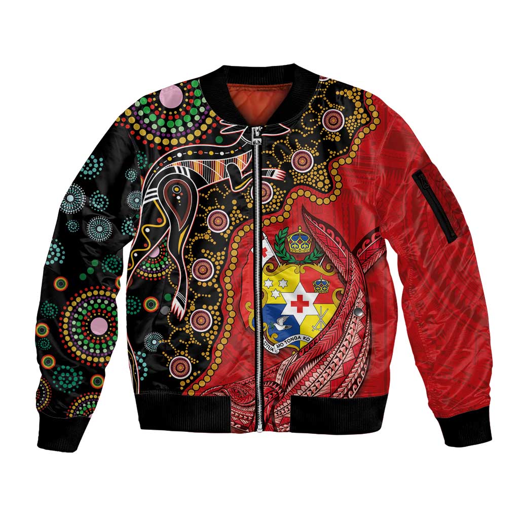 Tonga Ngatu and Australia Together Sleeve Zip Bomber Jacket Polynesian Humpback Whale and Aboriginal Kangaroo