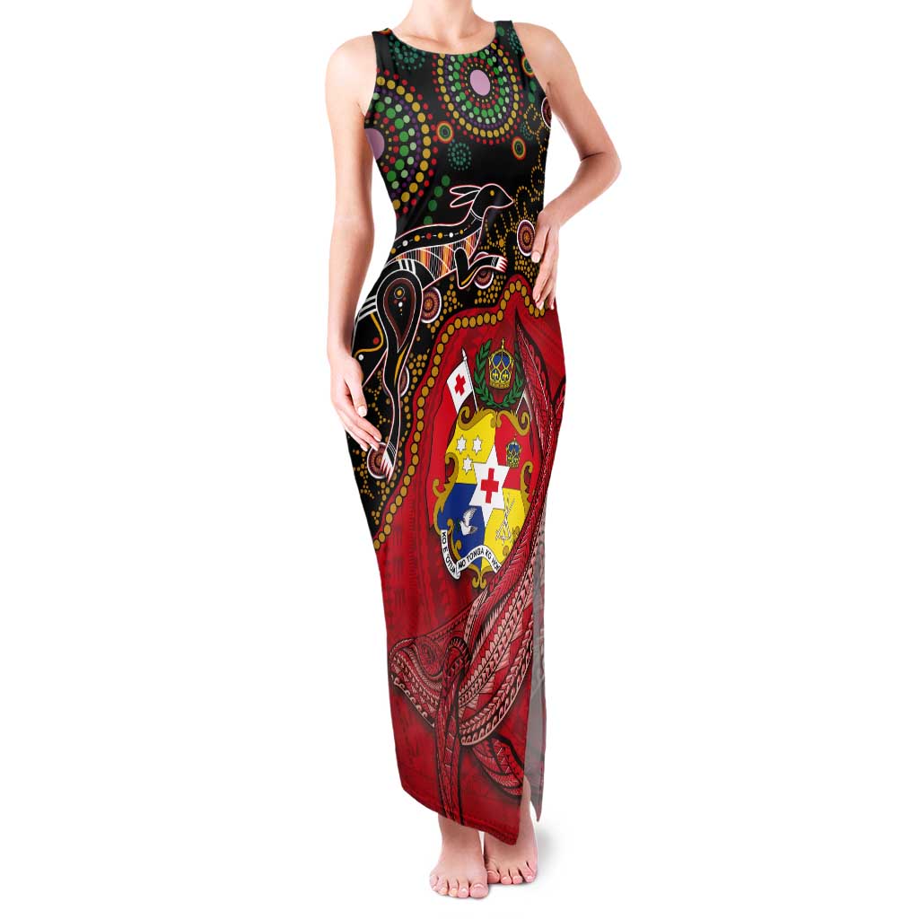 Tonga Ngatu and Australia Together Tank Maxi Dress Polynesian Humpback Whale and Aboriginal Kangaroo