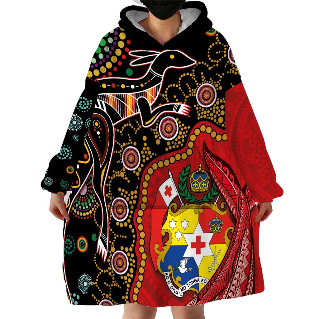 Tonga Ngatu and Australia Together Wearable Blanket Hoodie Polynesian Humpback Whale and Aboriginal Kangaroo