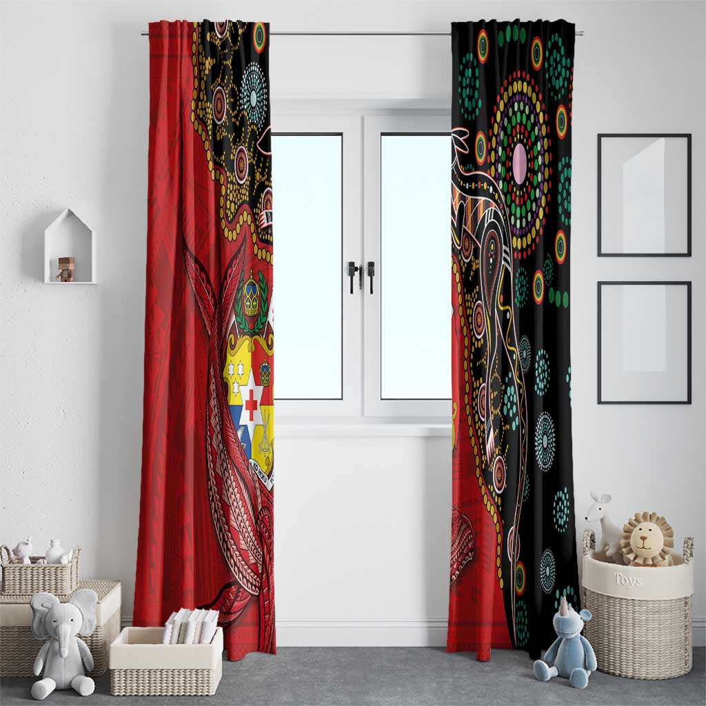 Tonga Ngatu and Australia Together Window Curtain Polynesian Humpback Whale and Aboriginal Kangaroo
