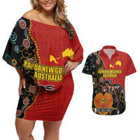 Personalised Papua New Guinea and Australia Together Couples Matching Off Shoulder Short Dress and Hawaiian Shirt Bird-of-paradise and Kangaroo with Aboriginal Pattern